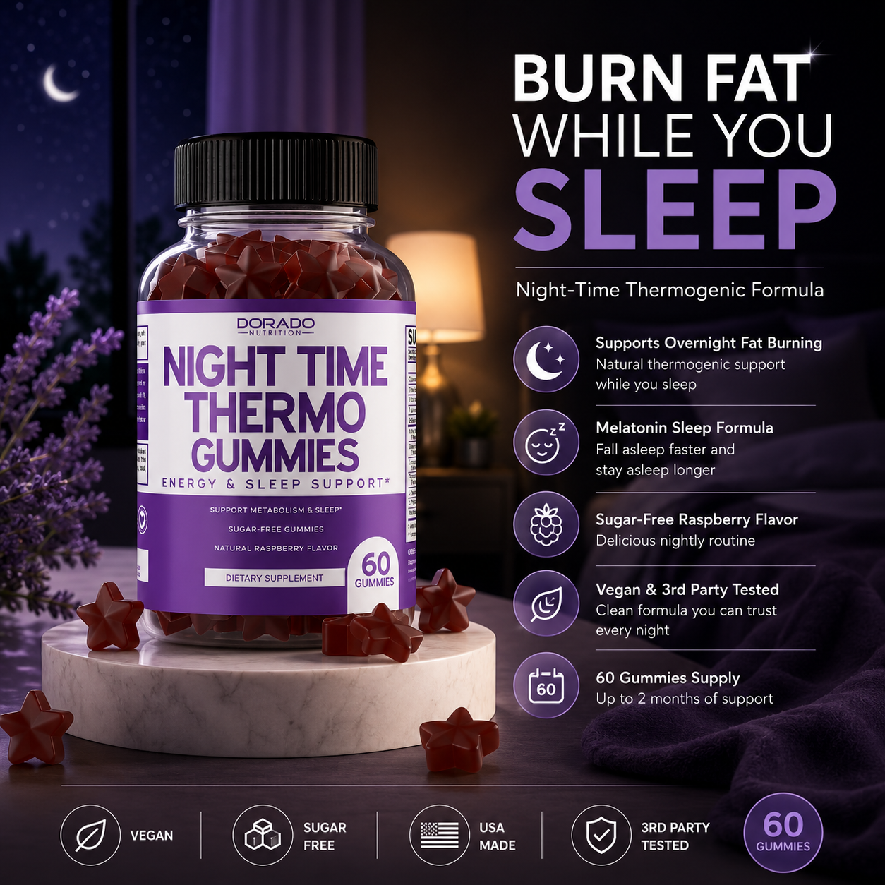Night Time Fat Burner Gummies (60 Count) Weight Loss Gummies & Metabolism Gummies