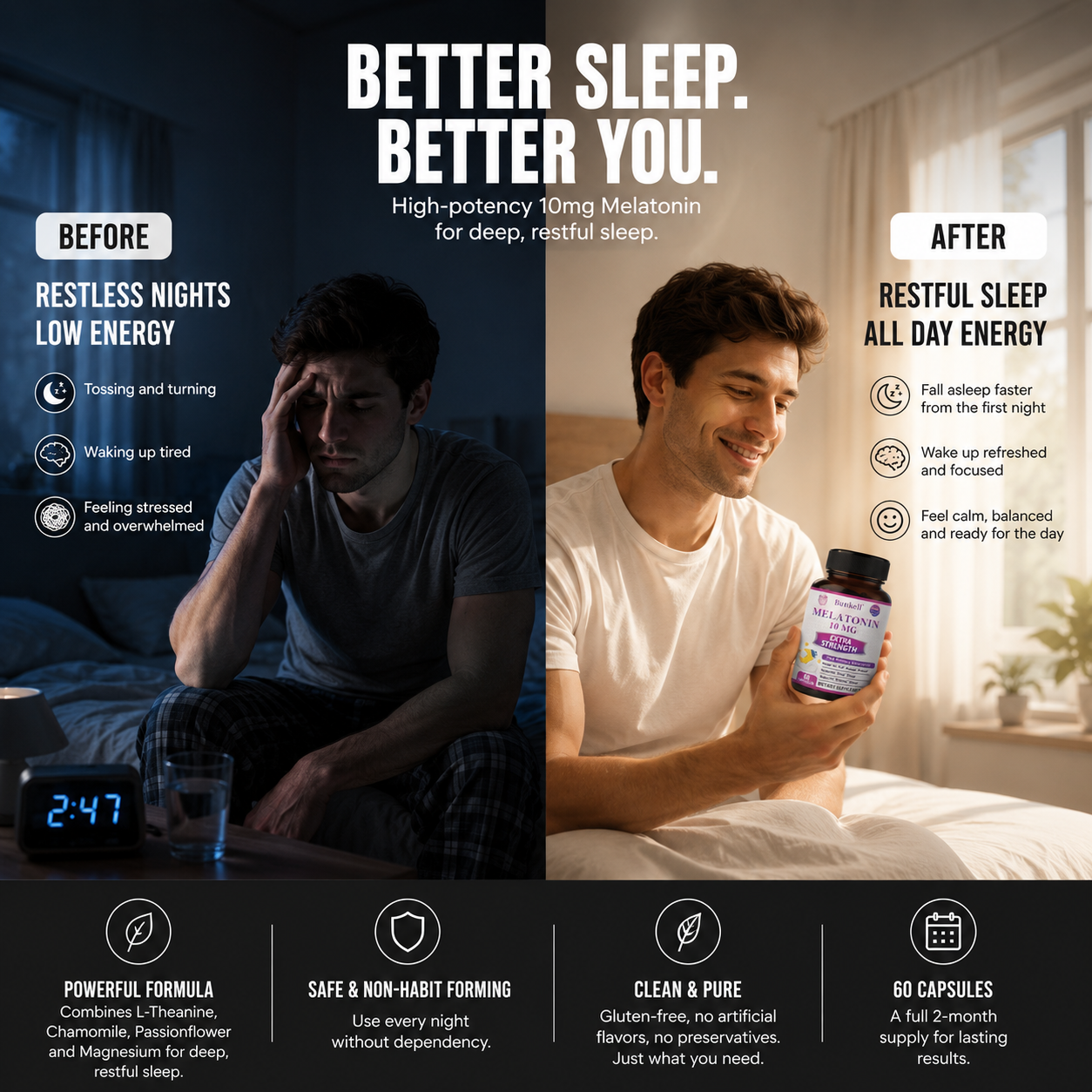 Bunkell Melatonin 10mg Natural Extra Strength Formula Supports Deep Restful Sleep Sleep Aid for Adults Non-GMO Melatonin Sleep Supplement for Sleep Health Support 60 Count