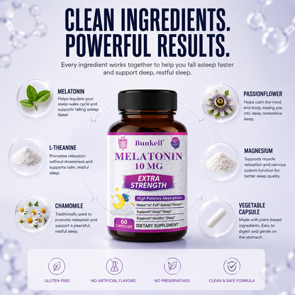 Bunkell Melatonin 10mg Natural Extra Strength Formula Supports Deep Restful Sleep Sleep Aid for Adults Non-GMO Melatonin Sleep Supplement for Sleep Health Support 60 Count