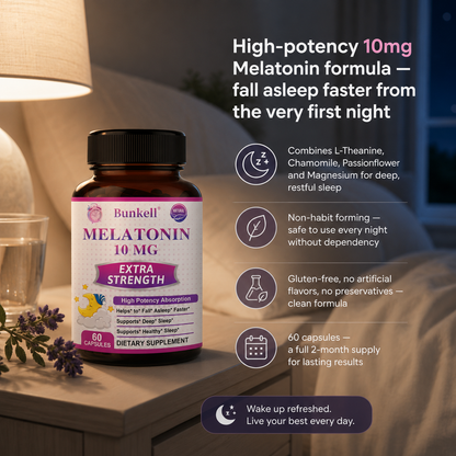 Bunkell Melatonin 10mg Natural Extra Strength Formula Supports Deep Restful Sleep Sleep Aid for Adults Non-GMO Melatonin Sleep Supplement for Sleep Health Support 60 Count