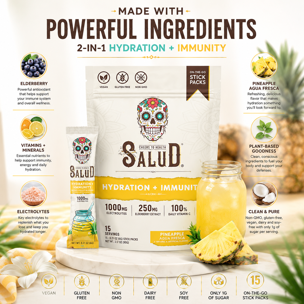 Salud 2-in-1 Hydration Packets + Immunity Electrolytes Powder Pineapple