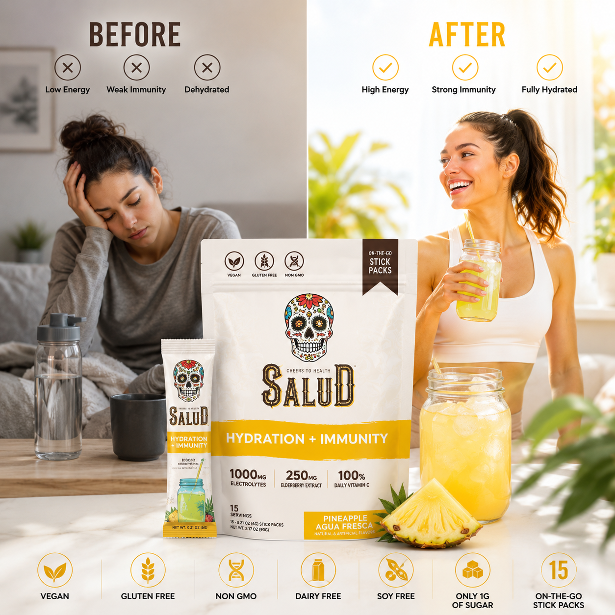 Salud 2-in-1 Hydration Packets + Immunity Electrolytes Powder Pineapple