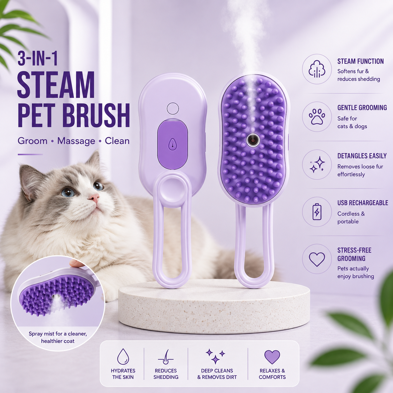 3-in-1 Electric Steam Pet Grooming Brush